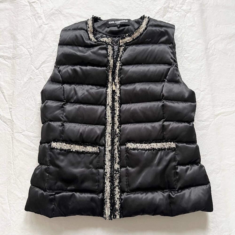 Karl Lagerfeld puffer vest black tweed trim gold womens medium duck down filling